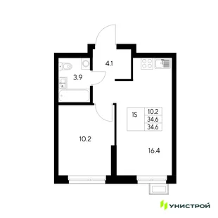 Планировка 1-комн. квартира, 34.6 м² ЖК «Стадиум»