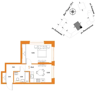 Планировка 1-комн. квартира, 39.63 м² ЖК «Страна.Парковая»