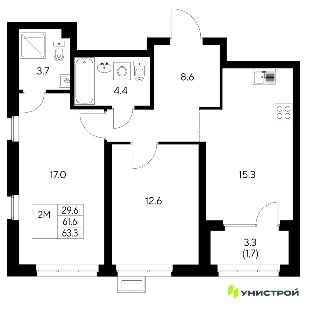 Планировка 2-комн. квартира, 63.3 м² ЖК «Стадиум»