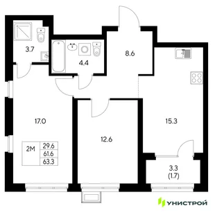 Планировка 2-комн. квартира, 63.3 м² ЖК «Стадиум»