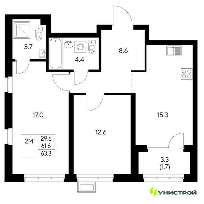 Планировка 2-комн. квартира, 63.3 м² ЖК «Стадиум» Планировка 2-комн. квартира, 63.3 м² ЖК «Стадиум»