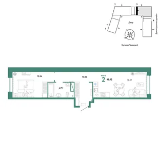 Планировка 2-комн. квартира, 48.12 м² ЖК «Микрорайон Домашний»