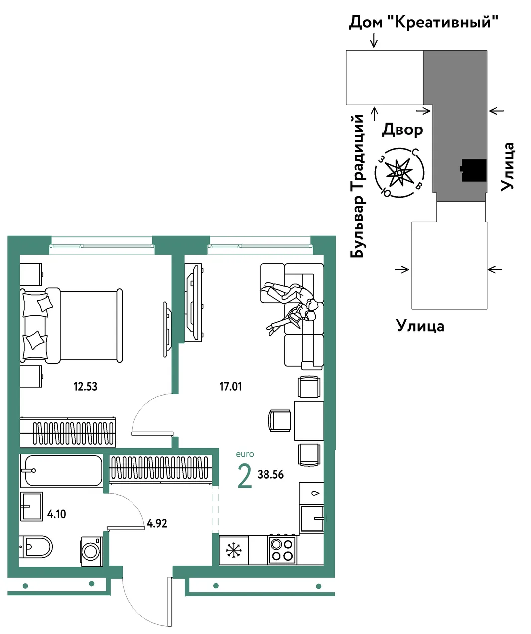Планировка 2-комн. квартира, 38.56 м² ЖК «Микрорайон Домашний»