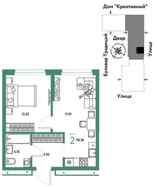 Планировка 2-комн. квартира, 38.56 м² ЖК «Микрорайон Домашний»