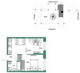 Планировка 2-комн. квартира, 37.1 м² ЖК «Европейский берег 2.0»