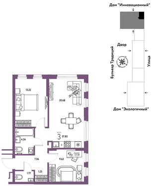 Планировка 3-комн. квартира, 57.85 м² ЖК «Микрорайон Домашний»