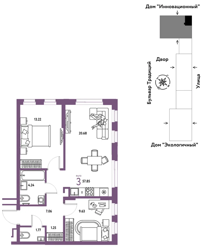 Планировка 3-комн. квартира, 57.85 м² ЖК «Микрорайон Домашний» Планировка 3-комн. квартира, 57.85 м² ЖК «Микрорайон Домашний»