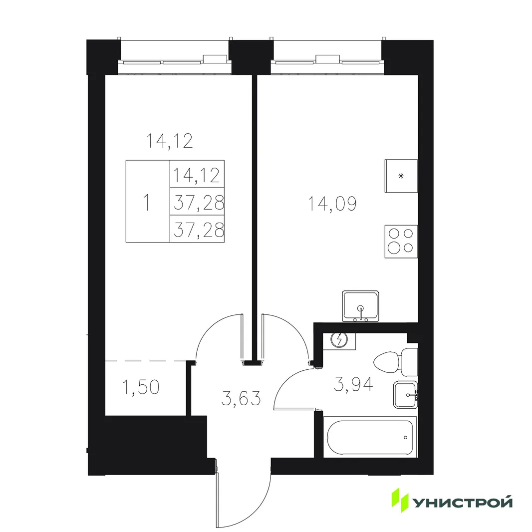 Планировка 1-комн. квартира, 37.28 м² ЖК «Statum»