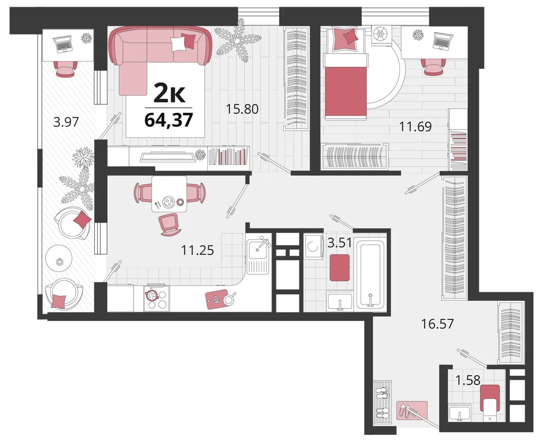 Планировка 2-комн. квартира, 63.85 м² ЖК «Родные просторы»