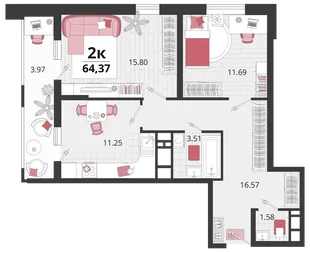 Планировка 2-комн. квартира, 63.85 м² ЖК «Родные просторы»