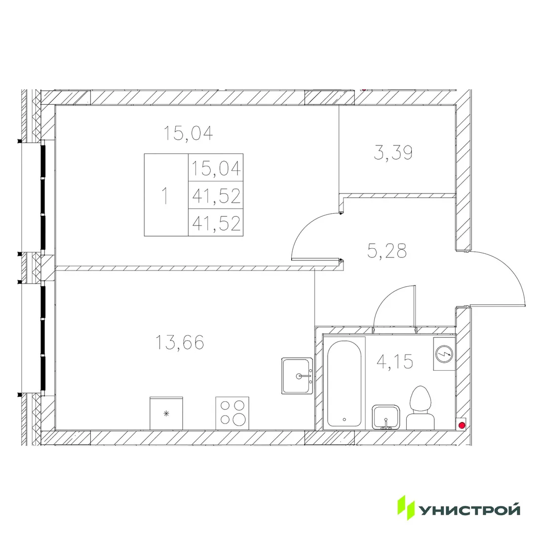 Планировка 1-комн. квартира, 41.52 м² ЖК «Statum»