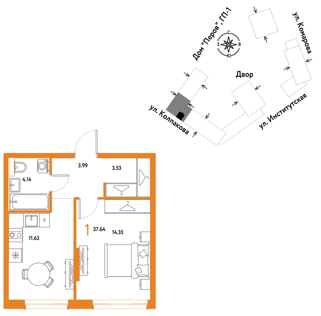 Планировка 1-комн. квартира, 37.64 м² ЖК «Страна.Парковая»