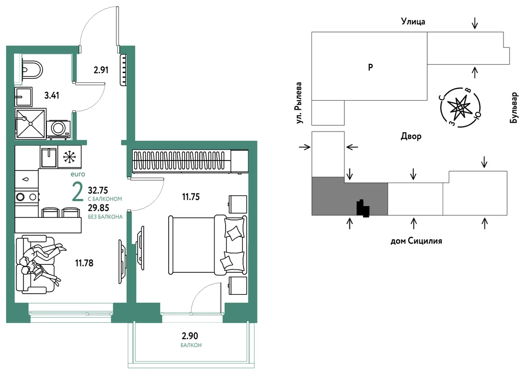 Планировка 2-комн. квартира, 32.75 м² ЖК «Остров-сад»
