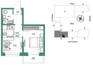 Планировка 2-комн. квартира, 32.75 м² ЖК «Остров-сад»