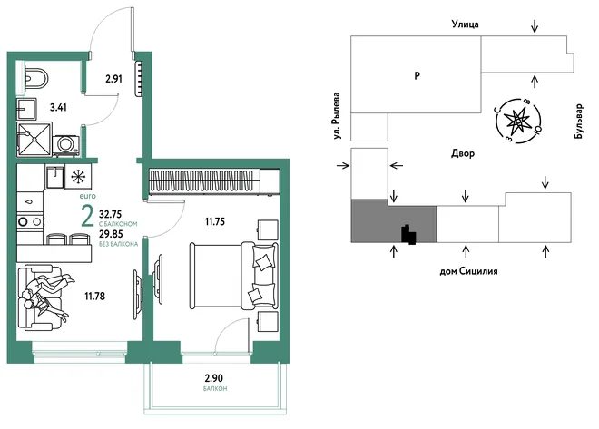 Планировка 2-комн. квартира, 32.75 м² ЖК «Остров-сад» Планировка 2-комн. квартира, 32.75 м² ЖК «Остров-сад»