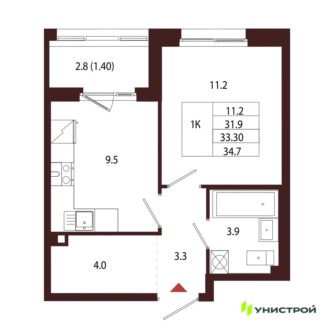 Планировка 1-комн. квартира, 33.3 м² ЖК «Лисино»