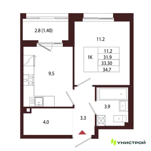 Планировка 1-комн. квартира, 33.3 м² ЖК «Лисино»