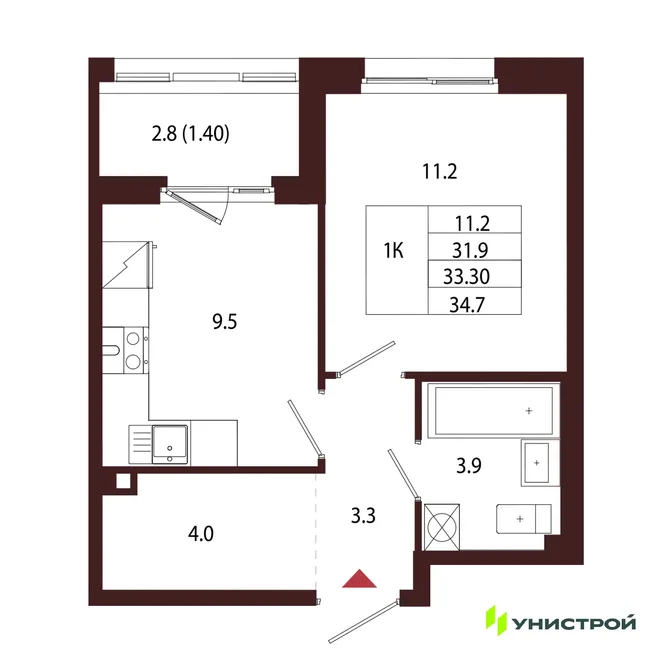 Планировка 1-комн. квартира, 33.3 м² ЖК «Лисино» Планировка 1-комн. квартира, 33.3 м² ЖК «Лисино»