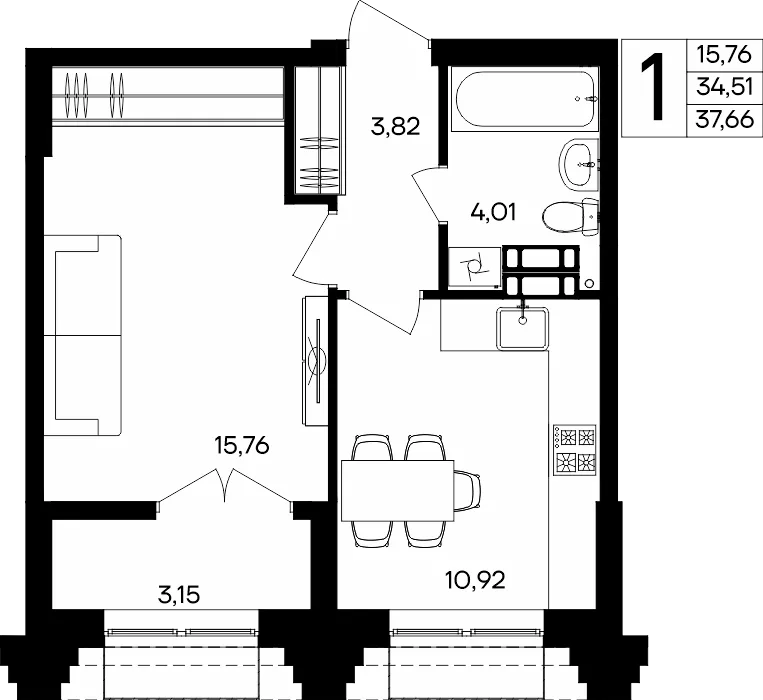 Планировка 1-комн. квартира, 37.66 м² ЖК «Семисчастье»