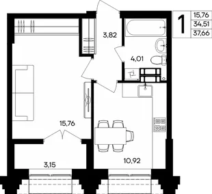 Планировка 1-комн. квартира, 37.66 м² ЖК «Семисчастье»
