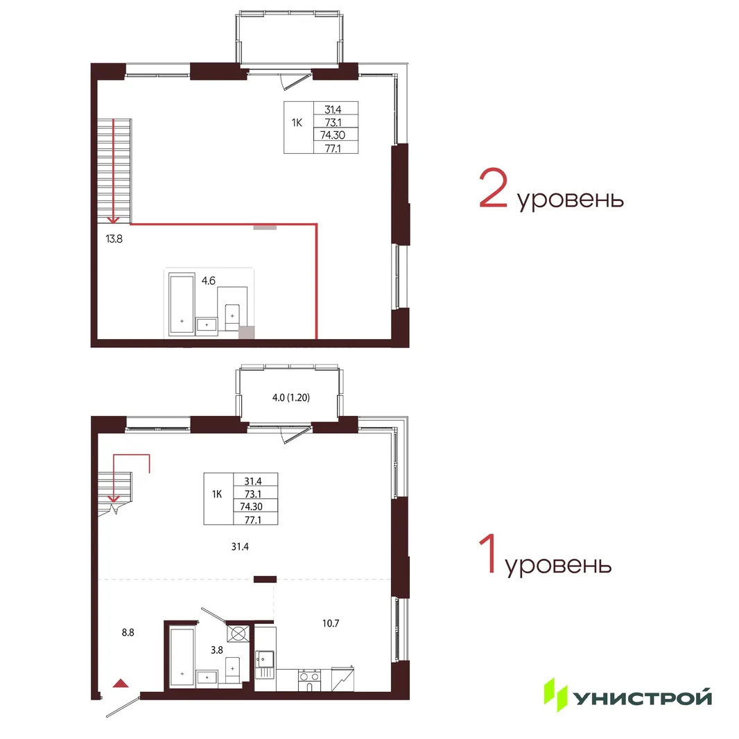Планировка 1-комн. квартира, 74.3 м² ЖК «Лисино»
