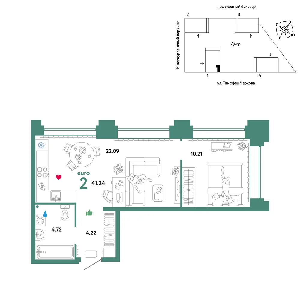Планировка 2-комн. квартира, 41.24 м² ЖК «Микрорайон Звездный»