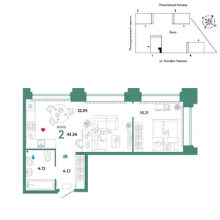 Планировка 2-комн. квартира, 41.24 м² ЖК «Микрорайон Звездный»
