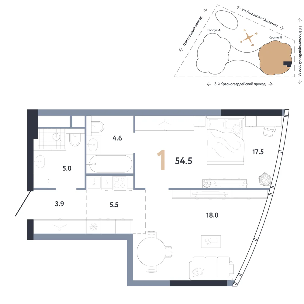 Планировка 1-комн. квартира, 54.5 м² ЖК «АУРУС Резиденции»