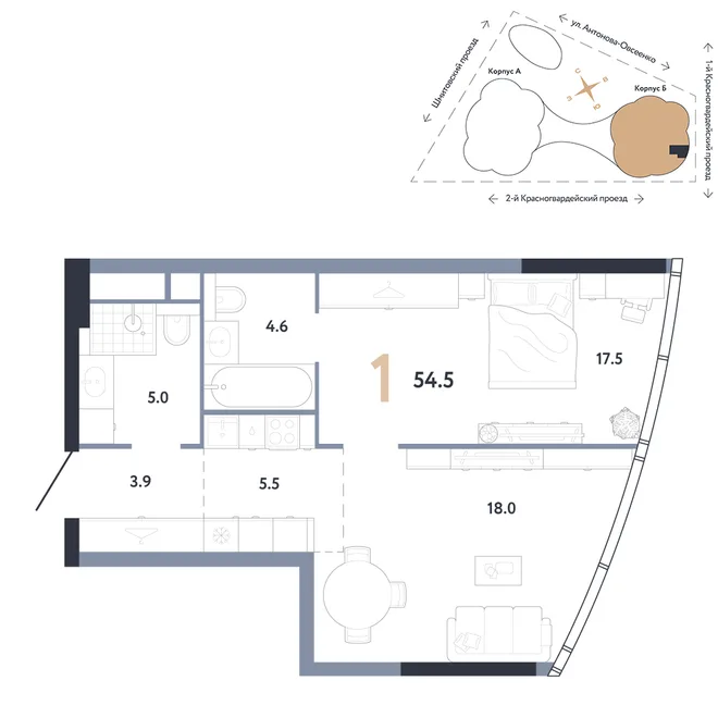 Планировка 1-комн. квартира, 54.5 м² ЖК «АУРУС Резиденции» Планировка 1-комн. квартира, 54.5 м² ЖК «АУРУС Резиденции»