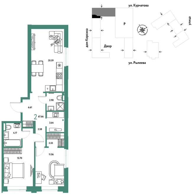 Планировка 2-комн. квартира, 67.85 м² ЖК «Остров-сад» Планировка 2-комн. квартира, 67.85 м² ЖК «Остров-сад»