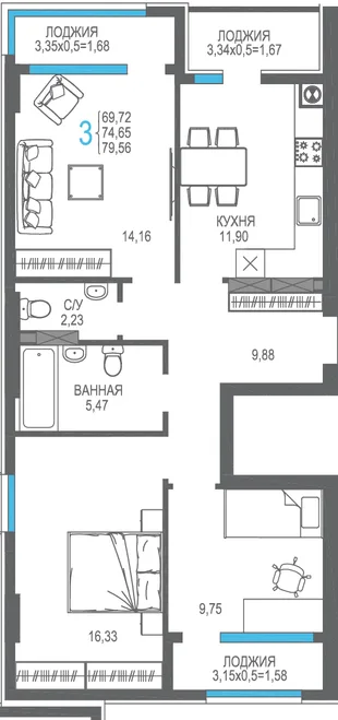 Планировка 3-комн. квартира, 74.65 м² ЖК «На Фонтанке»
