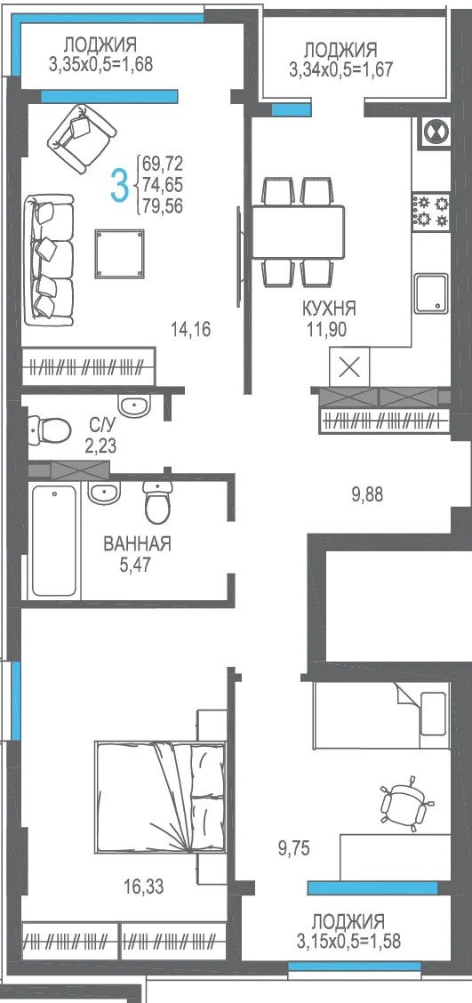 Планировка 3-комн. квартира, 74.65 м² ЖК «На Фонтанке» Планировка 3-комн. квартира, 74.65 м² ЖК «На Фонтанке»