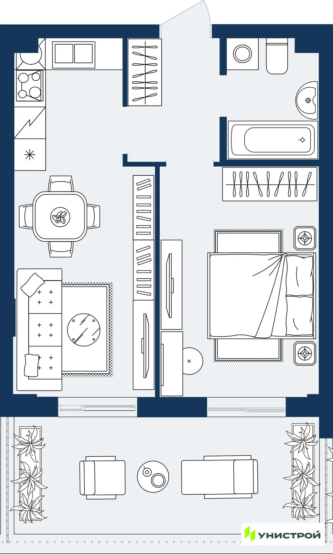 Планировка 1-комн. квартира, 41.53 м² ЖК «ГРАНД БЕРЕГ»