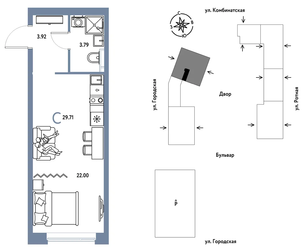 Планировка Студия, 29.71 м² ЖК «Уральский сад»