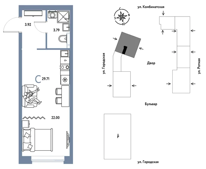 Планировка Студия, 29.71 м² ЖК «Уральский сад»