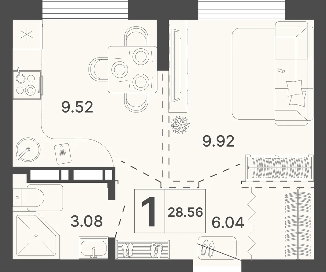 Планировка 1-комн. квартира, 28.56 м² ЖК «Светский лес»