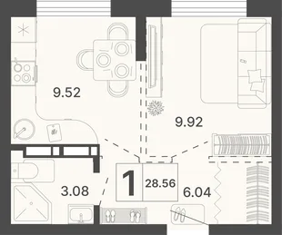Планировка 1-комн. квартира, 28.56 м² ЖК «Светский лес»