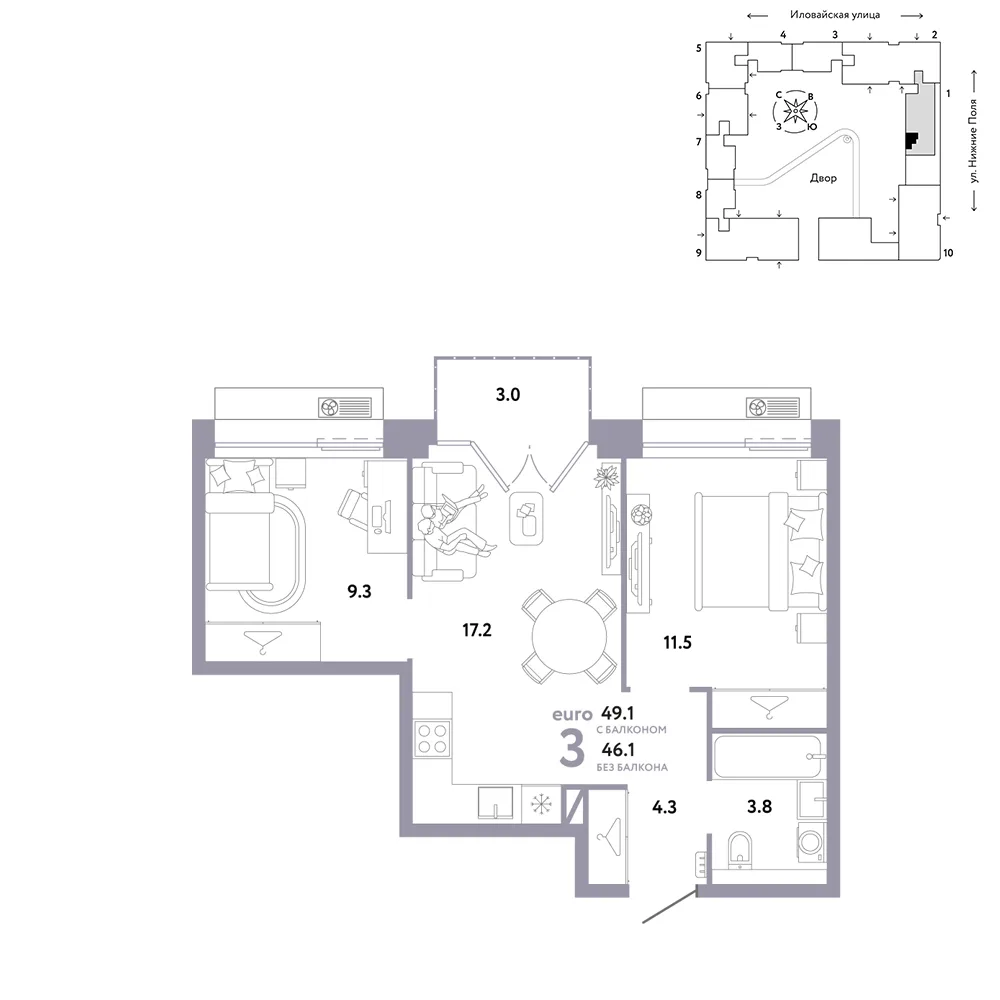 Планировка 3-комн. квартира, 49.1 м² ЖК «Страна.Заречная»