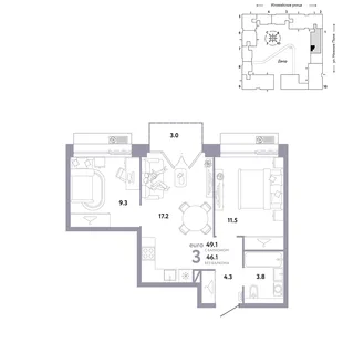 Планировка 3-комн. квартира, 49.1 м² ЖК «Страна.Заречная»