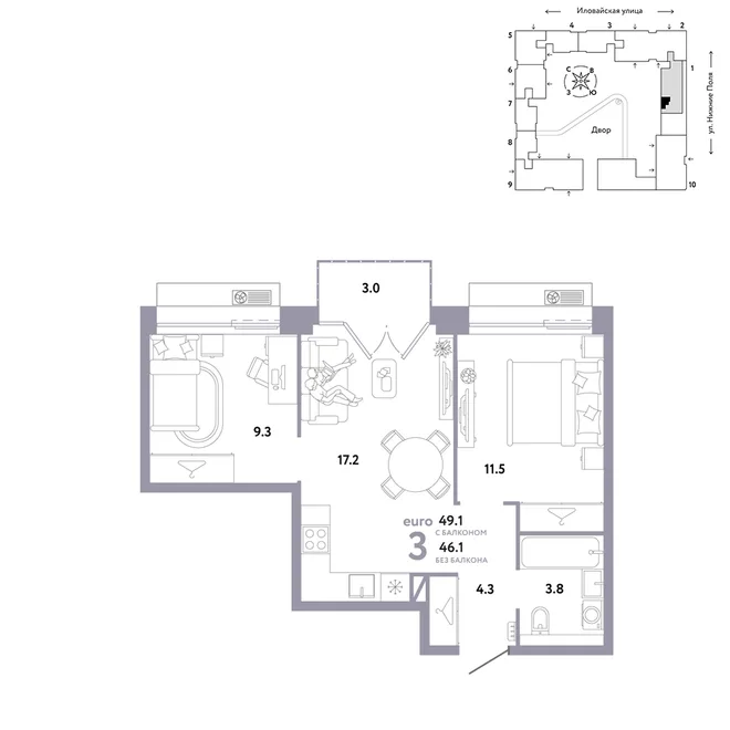 Планировка 3-комн. квартира, 49.1 м² ЖК «Страна.Заречная» Планировка 3-комн. квартира, 49.1 м² ЖК «Страна.Заречная»