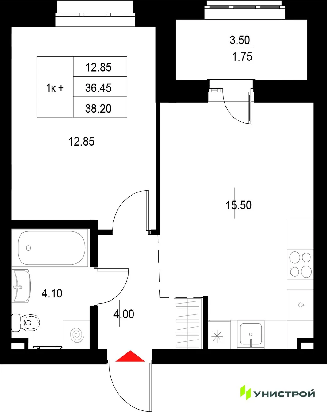 Планировка 1-комн. квартира, 38.2 м² ЖК «Уникод на Технической»