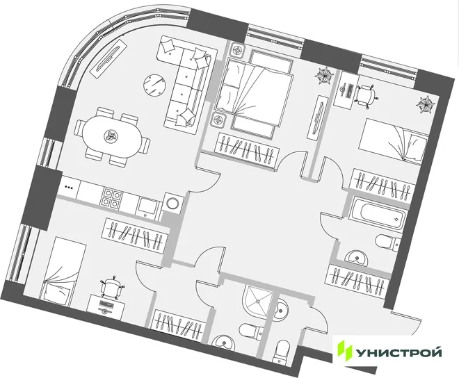 Планировка 3-комн. квартира, 90.91 м² ЖК «Уникум на Проспекте Победы» Планировка 3-комн. квартира, 90.91 м² ЖК «Уникум на Проспекте Победы»
