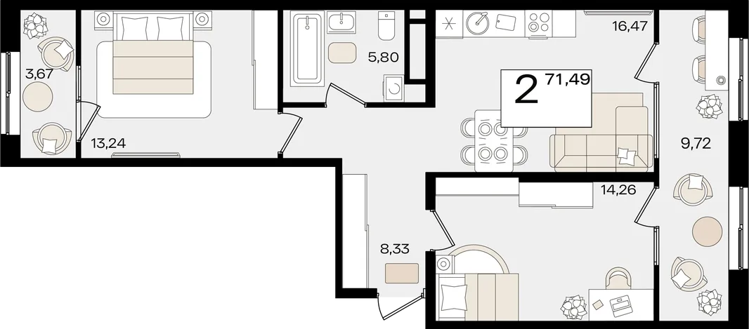Планировка 2-комн. квартира, 71.49 м² ЖК «Патрики»