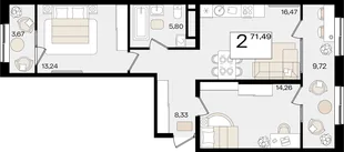 Планировка 2-комн. квартира, 71.49 м² ЖК «Патрики»