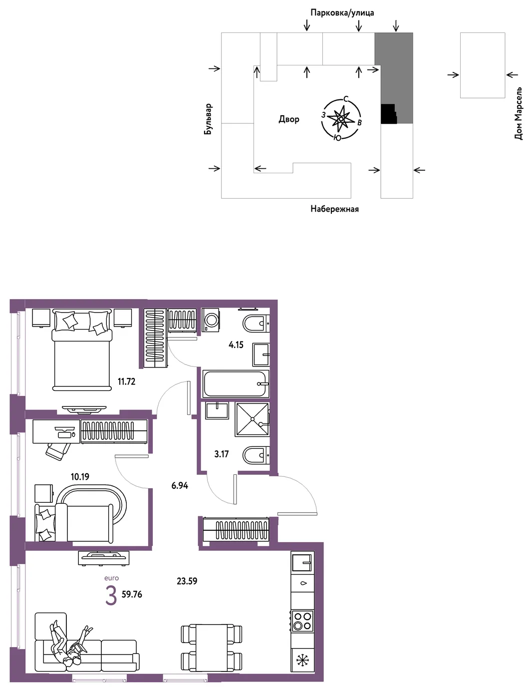 Планировка 3-комн. квартира, 59.76 м² ЖК «Европейский берег 2.0»