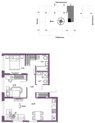Планировка 3-комн. квартира, 59.76 м² ЖК «Европейский берег 2.0»