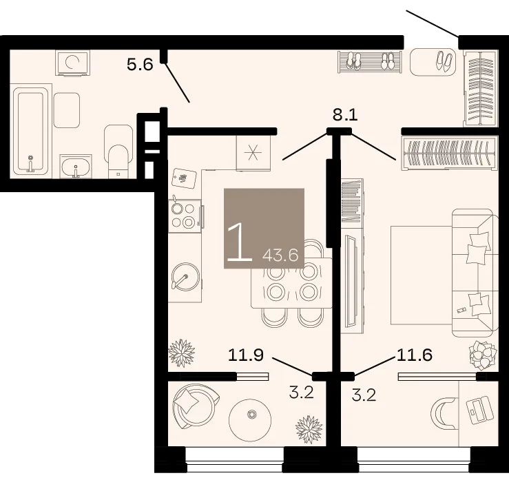 Планировка 1-комн. квартира, 43.6 м² ЖК «Хозяин морей»