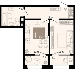 Планировка 1-комн. квартира, 43.6 м² ЖК «Хозяин морей»