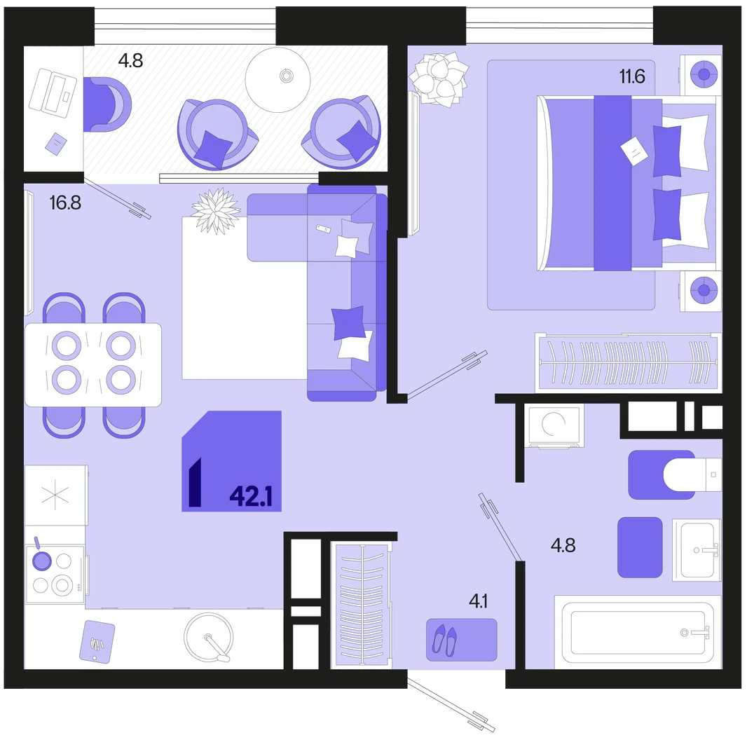 Планировка 1-комн. квартира, 42.1 м² ЖК «Первое место»
