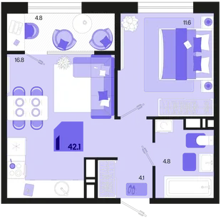 Планировка 1-комн. квартира, 42.1 м² ЖК «Первое место»